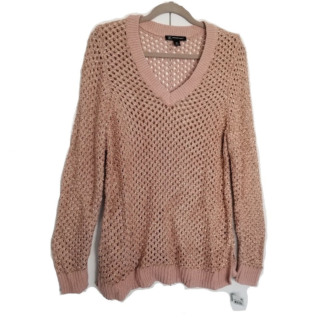 INC INTERNATIONAL CONCEPTS POINTELLE SWEATER METALLIC GOLD BLUSH ROSE V NECK $89